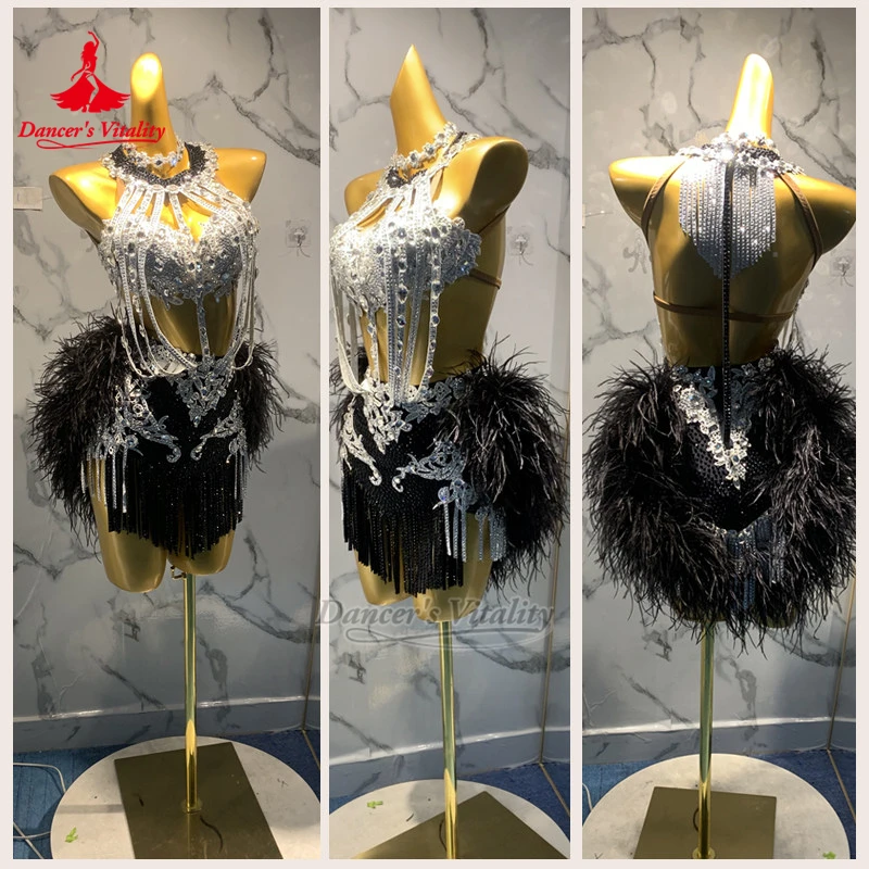 

Adult Chacha Samba Sleeveless Sexy Feather Style Dress Luxurious Customized Dancer's Vitality Latin Dance Perform&Contest Clothe