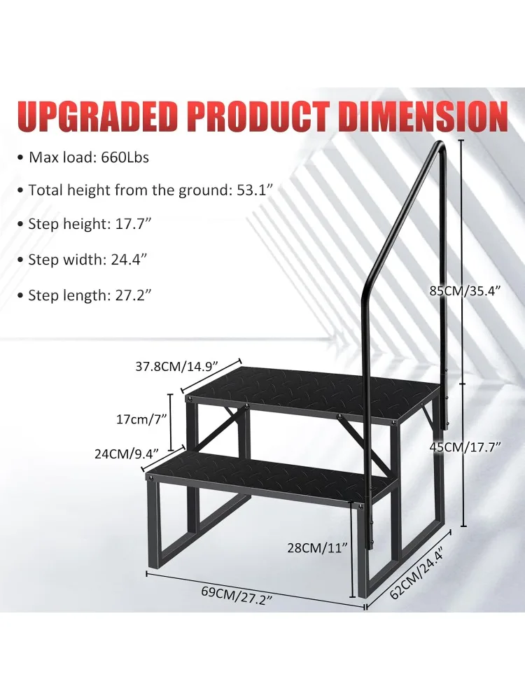 2 Step RV Stairs with Handrail Update 3.0 Outdoor RV Ladders with Anti-Slip Pedals Mobile Home Stairs for Travel Trailers