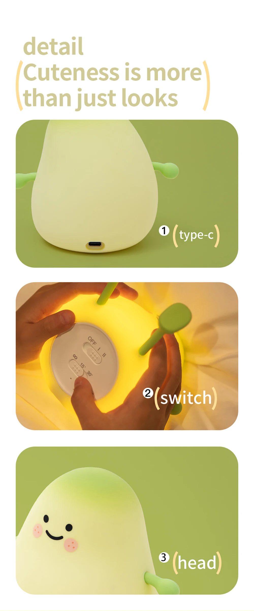 LED Pear Fruit Silicone Night Light 7 Colors Dimming Touch USB Rechargeable Cartoon Bedside Lamp Bedroom Decor Cute Kid Gift