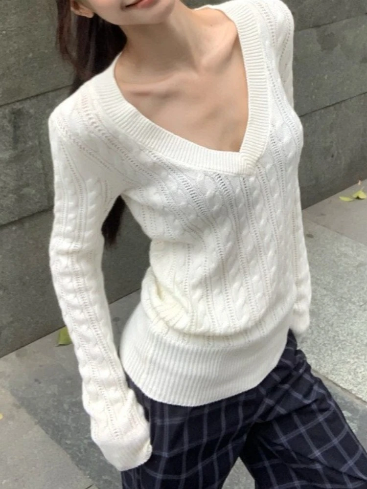 

Retro Y2k Jumpers Knitwear T-shirt Harajuku Knitted Sweaters Cute Korean Chic Women V-neck Full Sleeve Pullovers Tops Streetwear