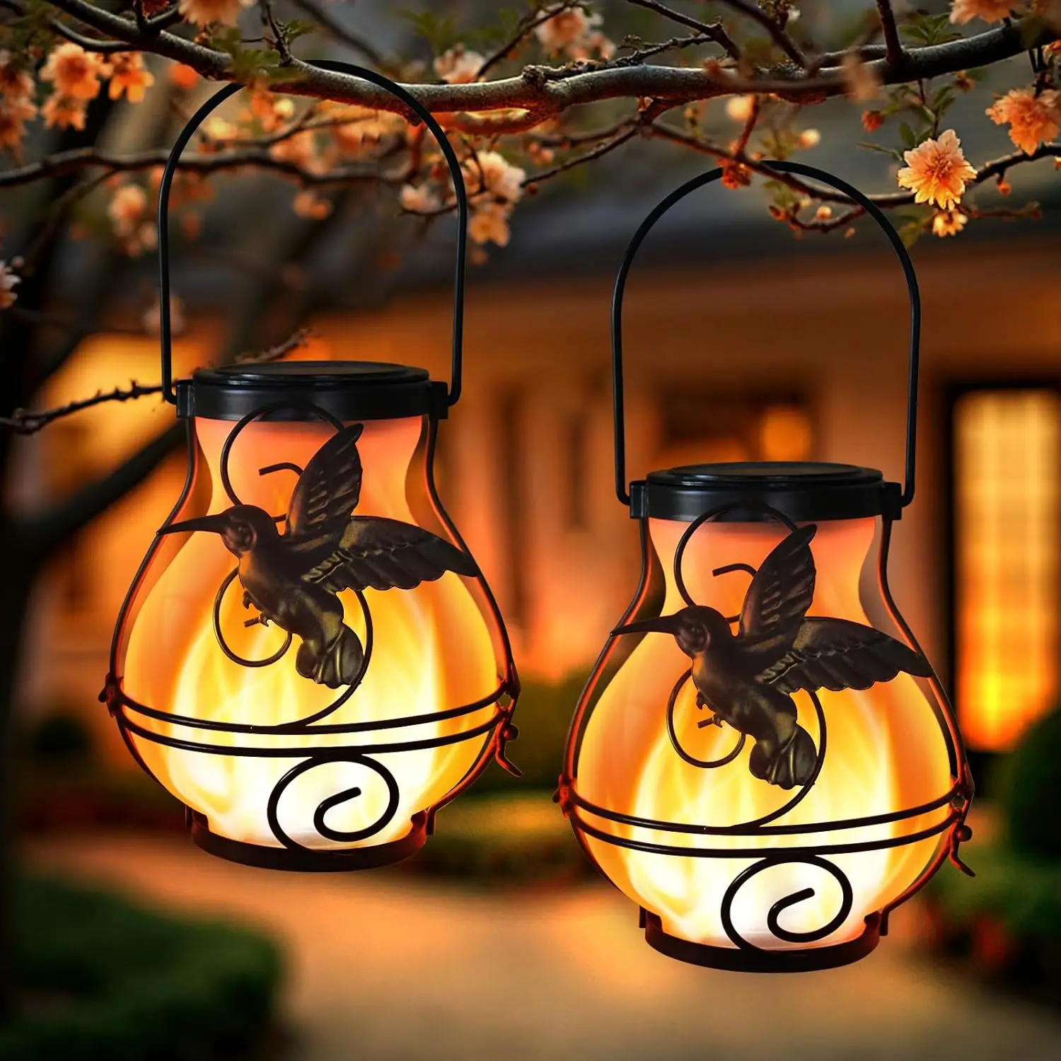 

2 Pack Solar Lanterns Outdoor Waterproof Flickering Flame Lights Hummingbird Metal Hanging Solar Lantern Patio Porch Garden