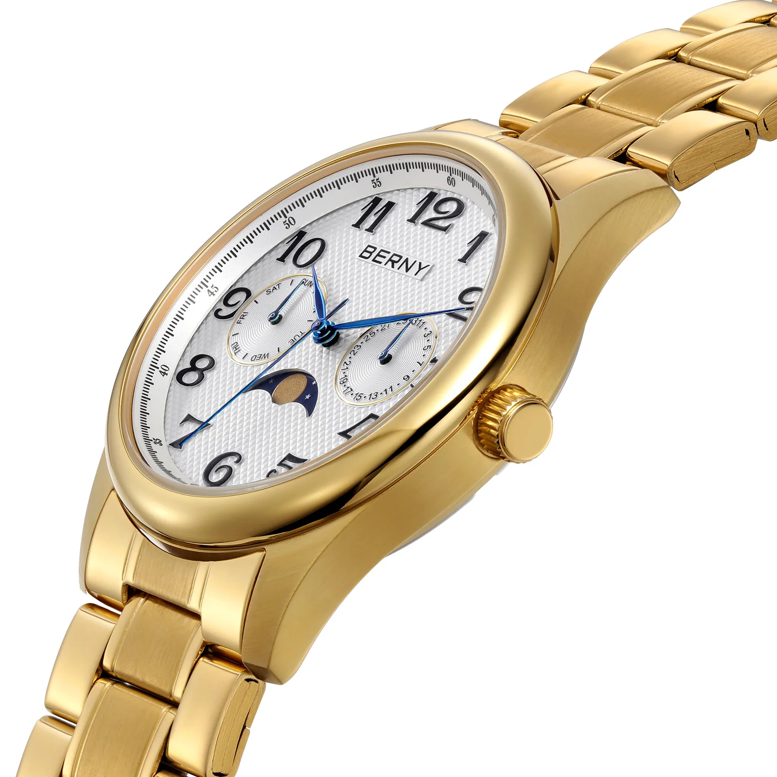 BERNY Gold Men's Watch Luxury Quartz Moon Phase Watches for Men Calendar Date Week Easy to Read Multi-hand Wristwatch