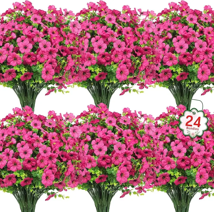 

24 Bundles Artificial Flowers for Outdoors Fake Silk Flowers UV Resistant Faux Plastic Plants for Spring Summer Garden Porch Win