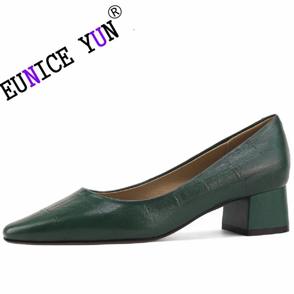 

【EUNICE YUN】New Spring/Autumn Women Genuine Leather Shoes Square Toe Chunky Heel Shoes for Concise Soft Handmade Lady Shoes