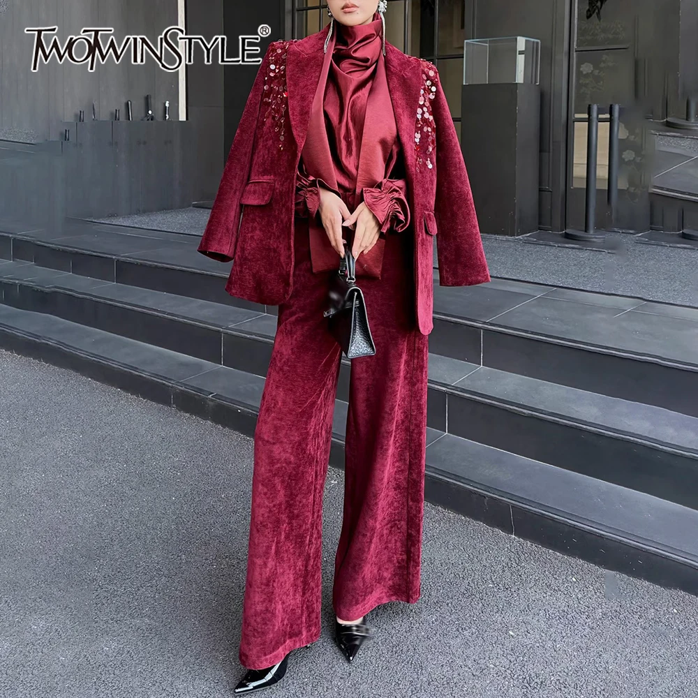 

TWOTWINSTYLE однотонный комплект из двух предметов с блестками, женская куртка с длинными рукавами и лацканами, роскошный темпераментный женский комплект брюк, осенний комплект