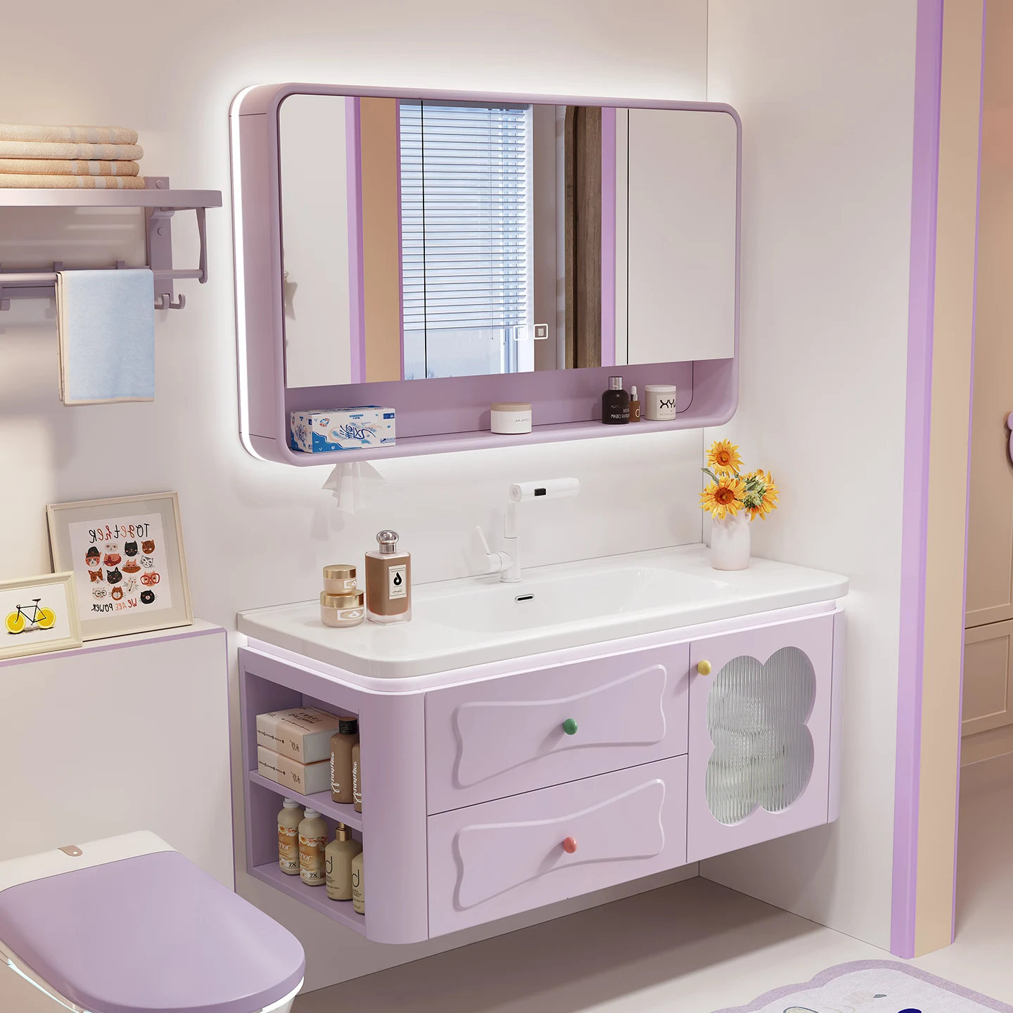 

ab-Modern French-Style Light Pink Waterproof Bathroom Cabinet with Vanity Sink LED Bath Mirror Lacquer Door Panel Wood Material！