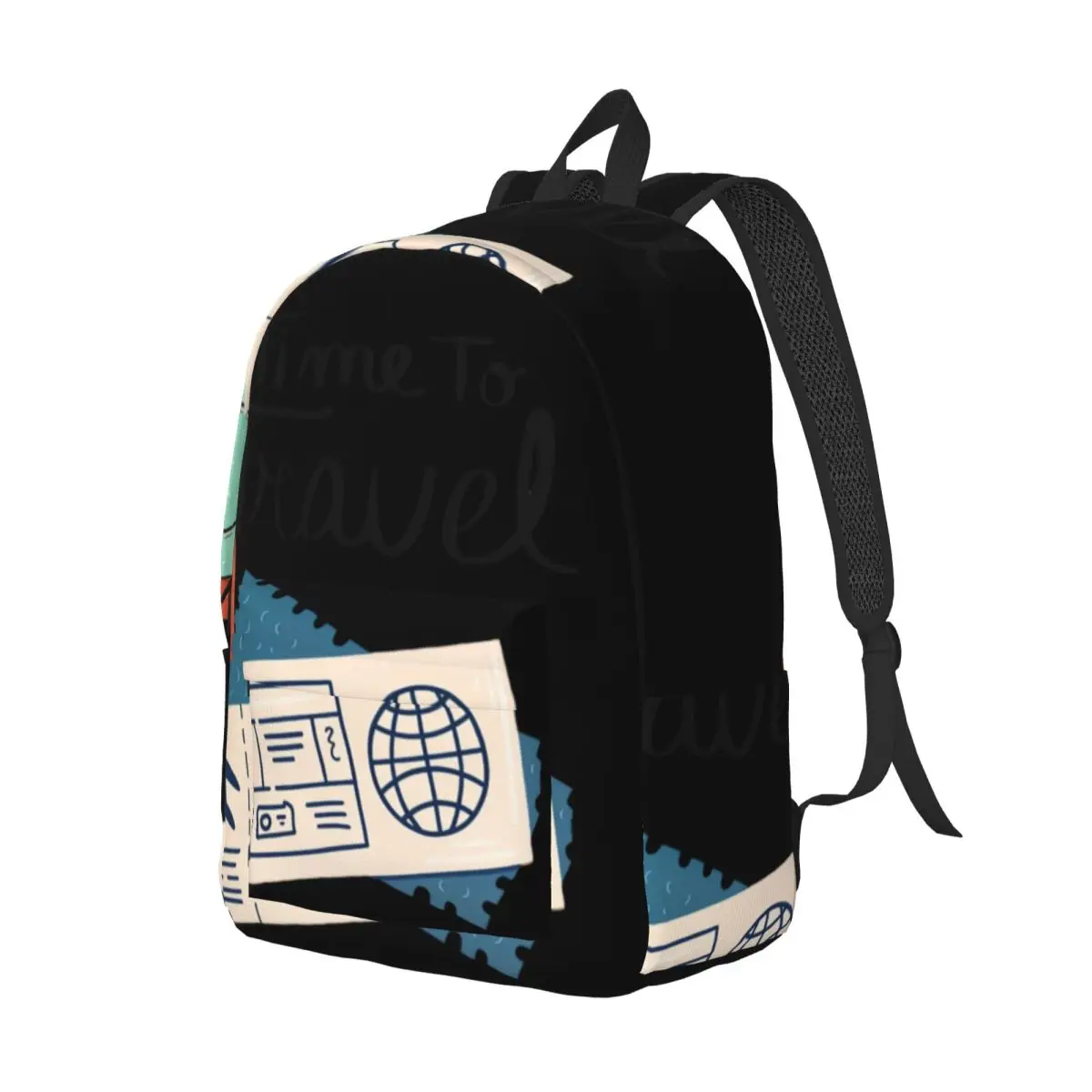 Fresh Blue Student Backpack Center Suitcase Boarding Pass Travel Hand Illustration Mint Orange Navy Lightweight Daypack Shopping