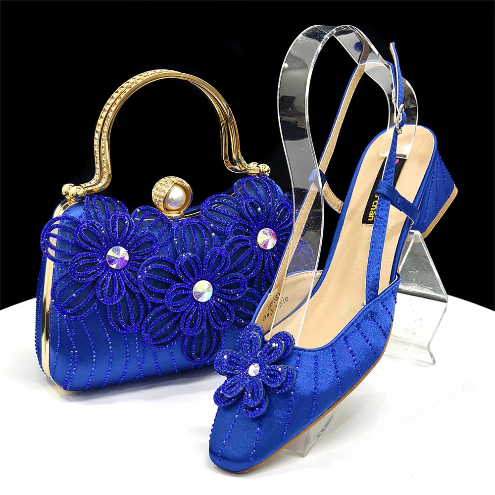 

Nigeria 2026 New Style Blue Color Satin Heels Italian Designed Rhinestone Embellished Women's Party Shoes And Bag Set
