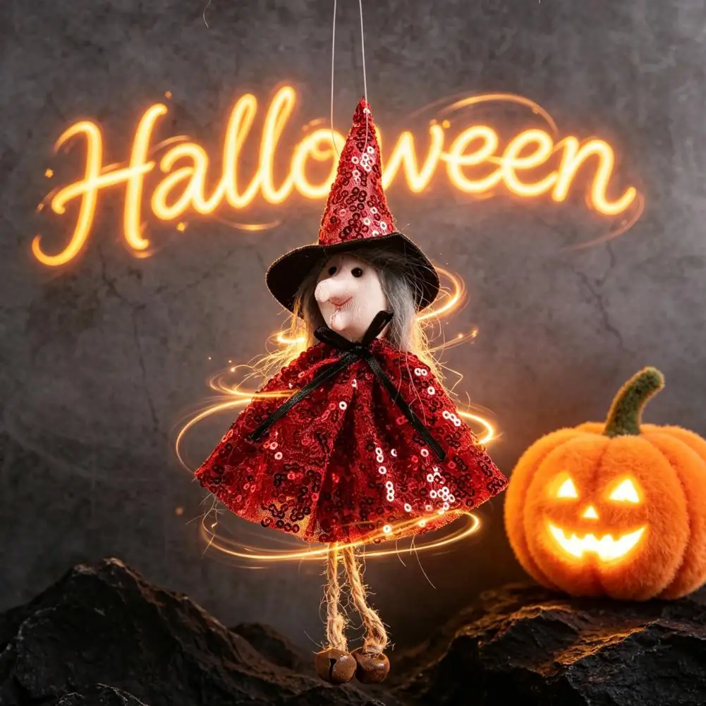 Halloween Patterns Halloween Witch Doll with Bells Sequins Fabric Hanging Decoration for Tree Party Home Window Halloween Decor