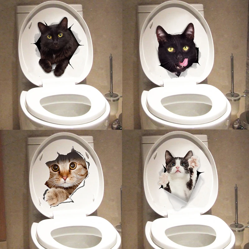 T198# Cute Cat Pet Animals Toilet Stickers Wc Washroom Home Decoration Wall Sticker Funny Decal