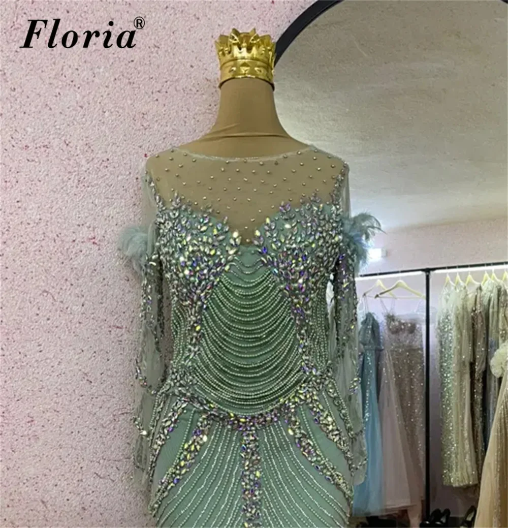 Mint Green Sheer Long Sleeve Mermaid Evening Dress Feather Rhinestone Beaded Formal Prom Gown Illusion Neck Luxury Party Dress