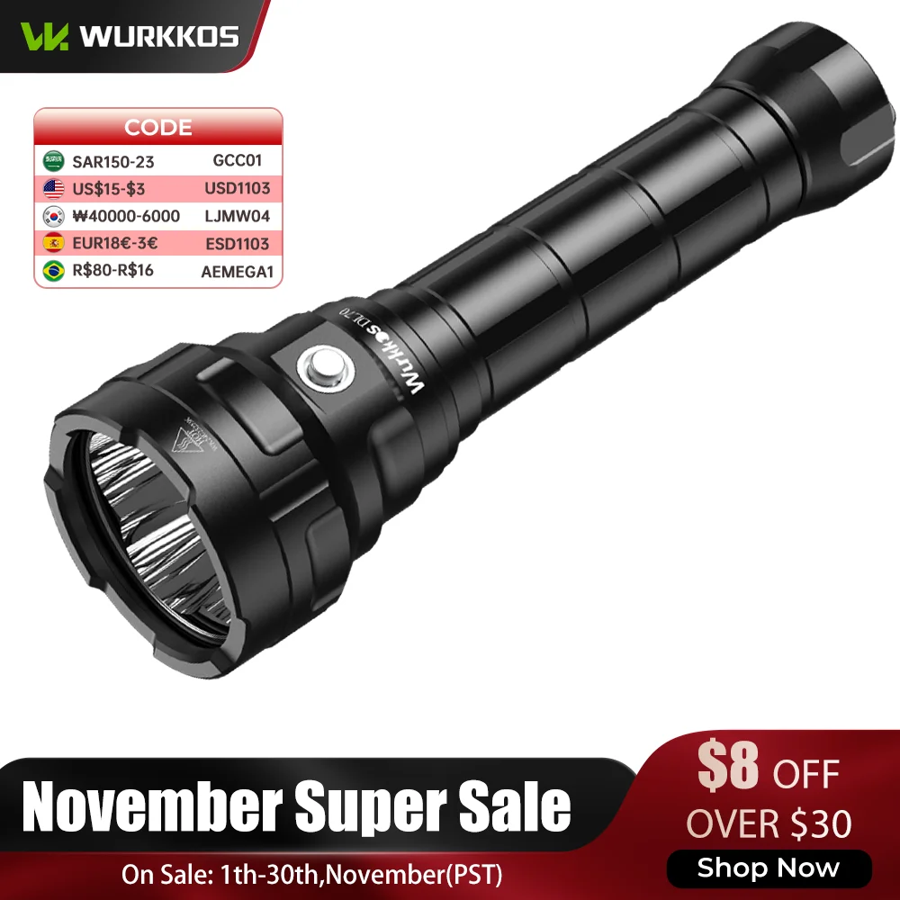 Wurkkos DL70 Scuba Flashlight 13000LM High Power Searchlight IPX8 Waterproof 4*XHP50B LED Lamp 2*26650 Underwater Lantern