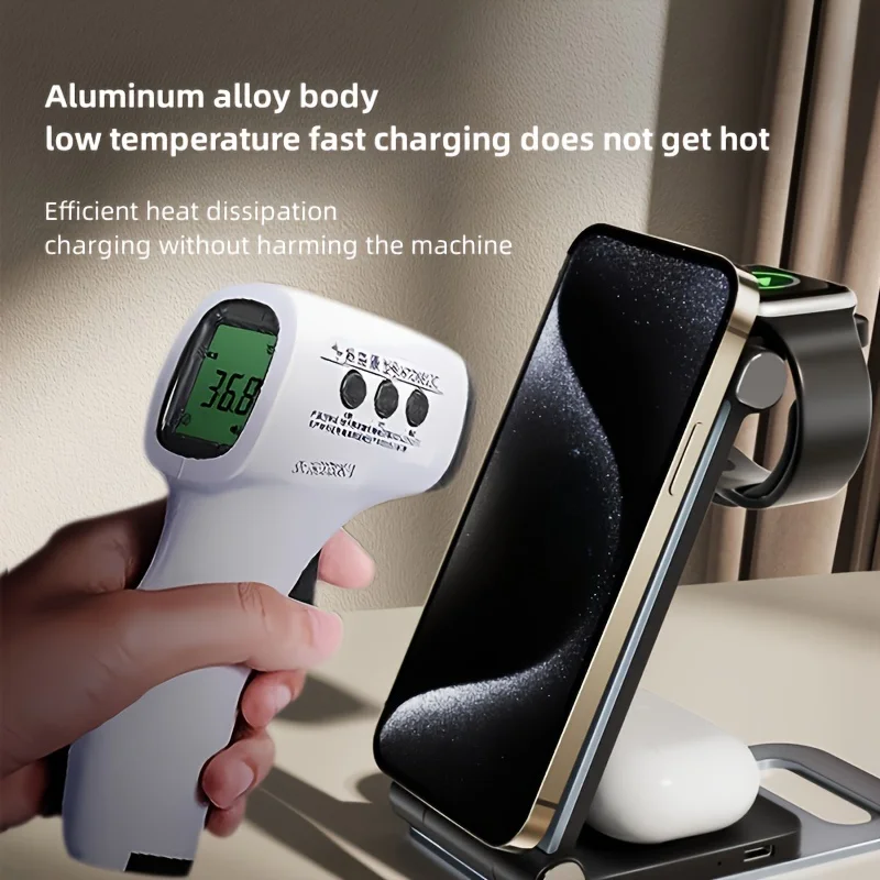 حامل سطح المكتب للشحن اللاسلكي 3 في 1 من سبائك الألومنيوم قابل للطي لهواتف Apple المغناطيسية وسماعات الأذن والساعات #4
