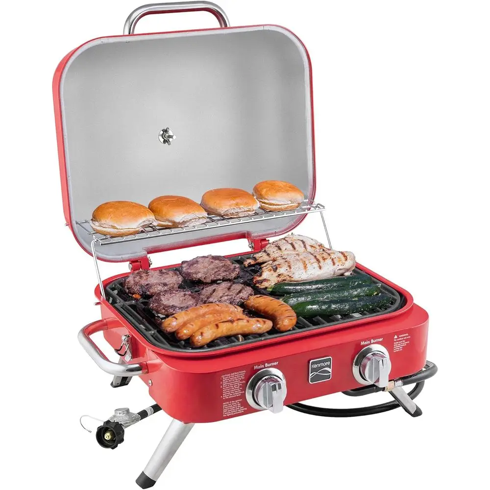 

Настольный гриль-барбекю с подставкой для подогрева, 2 горелки из нержавеющей стали с 4000 БТЕ, для уличной кухни, кемпинга, красный