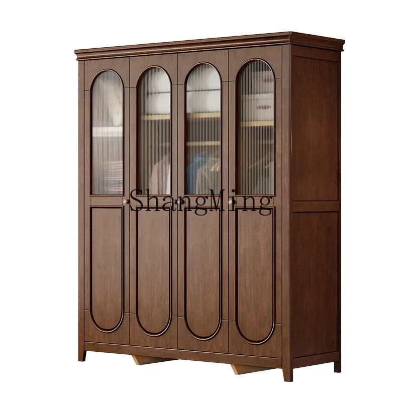 FG  Solid Wood Wardrobe for Home Bedroom Storage Four-Door Large Wardrobe Modern Simple Closet with Glass Doors