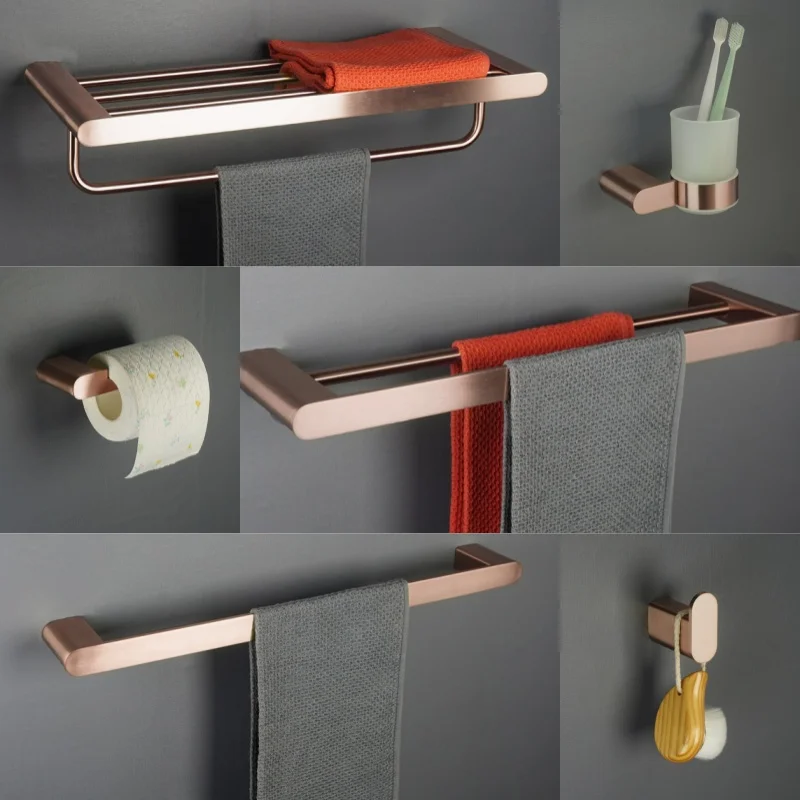 Brushed Rose Gold Stainless Steel Wall-Mounted Bathroom Set - Elegant Toilet Paper Towel Holder Soap Dispenser Robe Hook