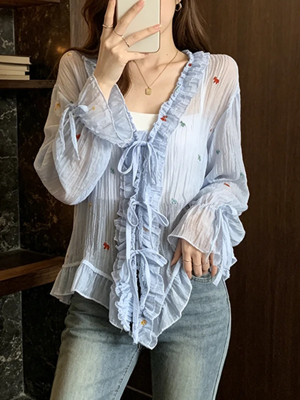 

Summer 2026 Korean Style Embroidered Ear Tie-Detail Sun Protection Shirt for plus Size Women Belly Covering Blouse