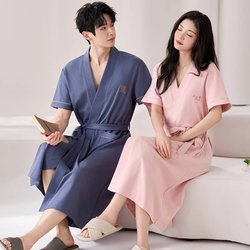 

2026 Summer Couple Long Sleeve 100% Cotton Kimono Robes for Women Loose Sleepwear Bathrobe Men Bath Robes Homewear Home Clothes
