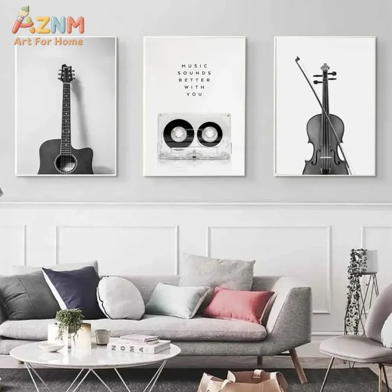 AZNM Unframed Black and White Music Themed Canvas Wall Art, Vintage Guitar Violin Vinyl Record Turntable Radio Print, Retro Musi