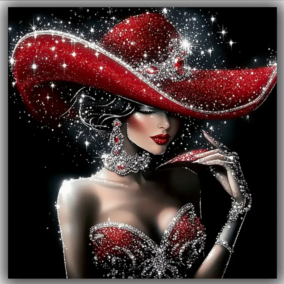 

Elegant Red Hat Woman Diy Diamond Painting Full Square Round Diamond Embroidery portrait Picture Mosaic For Living room Decor