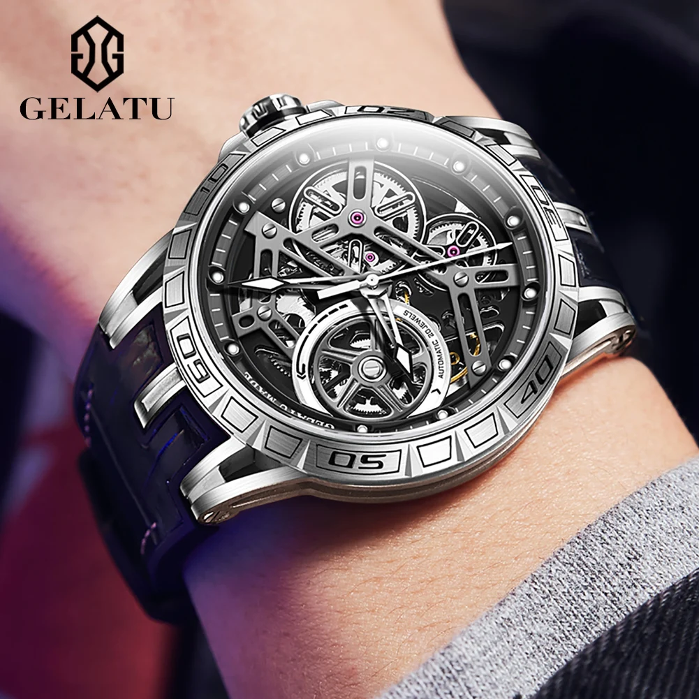 Imagem -04 - Gelatu Relógio Automático Masculino Espelho Safira Impermeável Grande Mostrador Esqueleto Relógios de Pulso Genuínos Luxo 45 mm