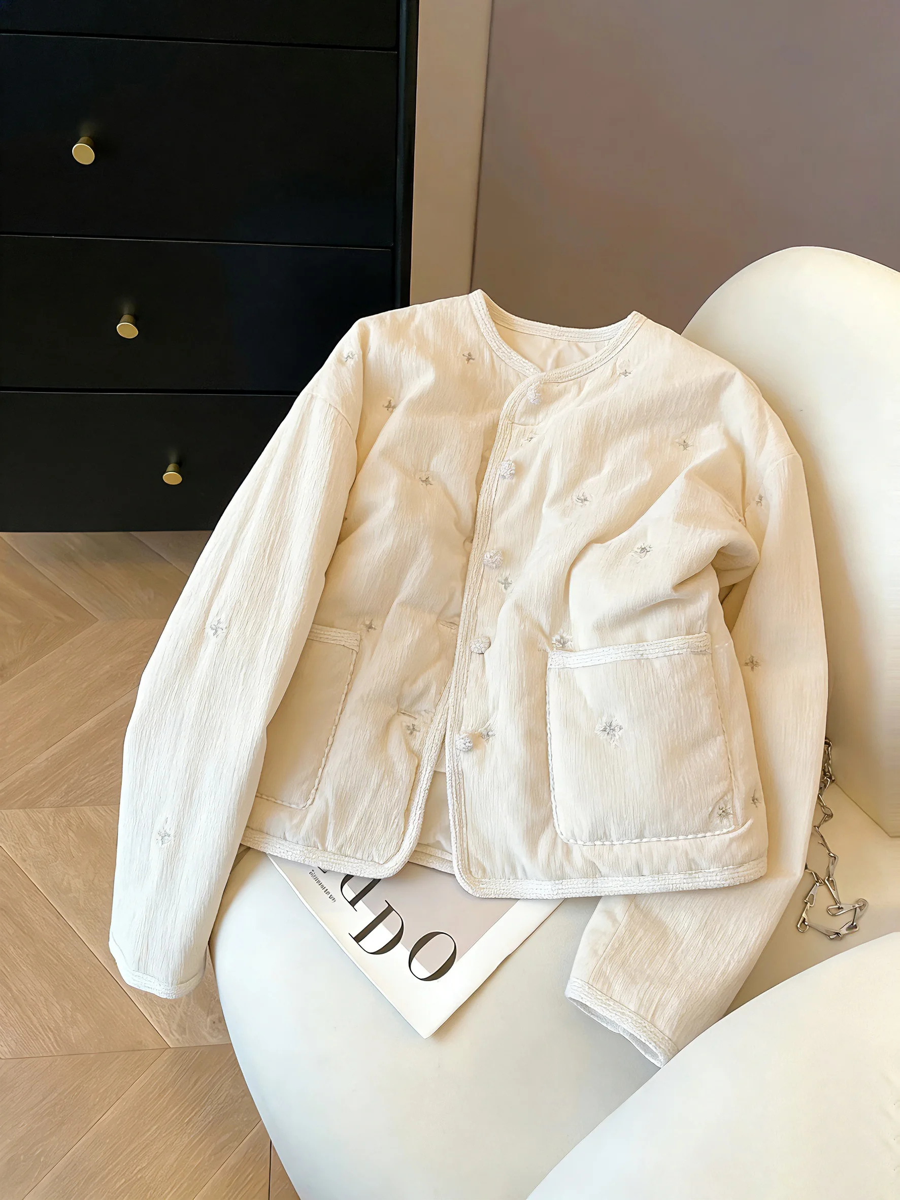 

Women's Heavy Embroidered Floral Cotton Jaet Loose Fit Warmth Autumn Winter Outerwear Casual Sle round Neline Stand ...