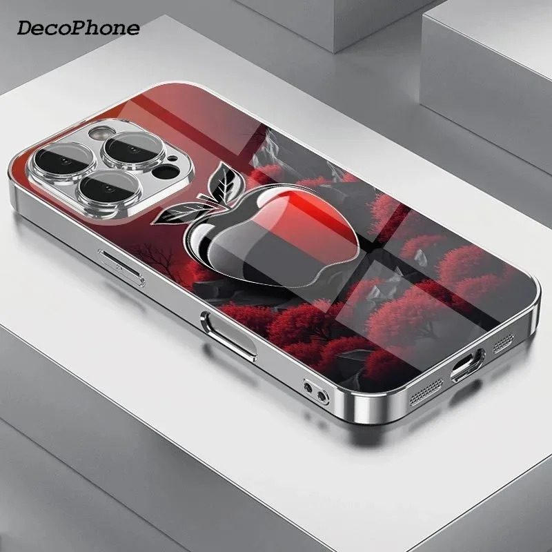 Creative Black Red For Apple Pattern Glass Electroplated Phone Case For iPhone 17 16 15 14 13 12 11 Pro Max Plus 16E 17Air Cover