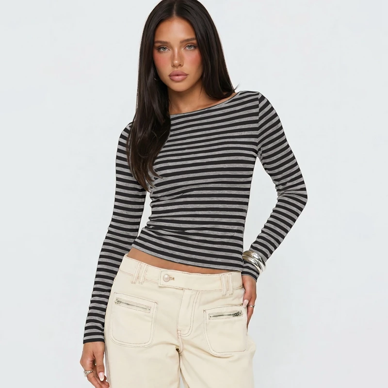 Hugcitar Gestreiftes Farbblock-Langarmshirt, Sexy Slim Fit Crop T-Shirt Top, Herbst Damenmode Kleidung, Streetwear, Party, Club – Detail 27