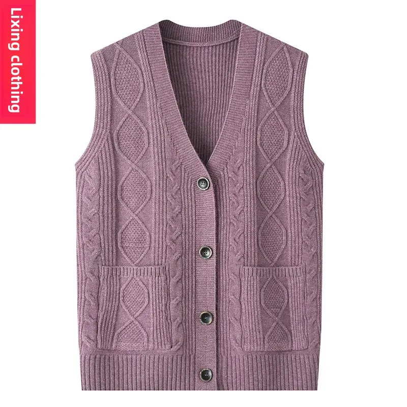 سترة محبوكة دافئة للنساء في منتصف العمر وكبار السن برقبة على شكل حرف v من ألياف البوليستر رفيعة مفتوحة على طراز سترة مثالية للربيع والخريف #1