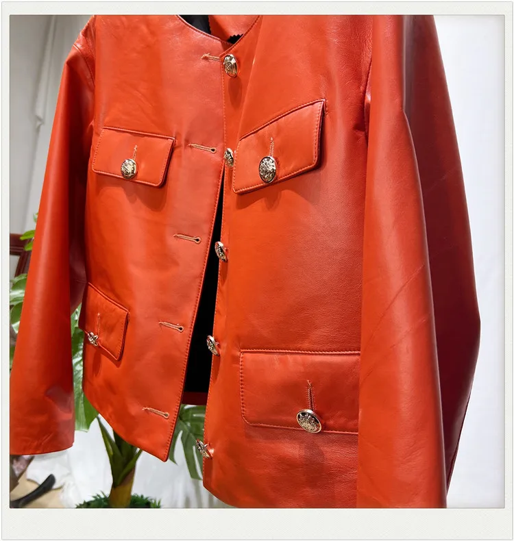 2023 Natural Sheepskin Coat Women\'s Leather Jacket Women Orange Leather Clothes Round Neck Fashion Slim Autumn New in Outerwear