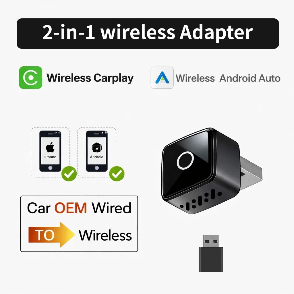 New 2in1 Wired to Wireless CarPlay Adapter, Android Auto Dongle, High-Quality Car Accessory Smart Box 5GHz WiFi Type-C/USB