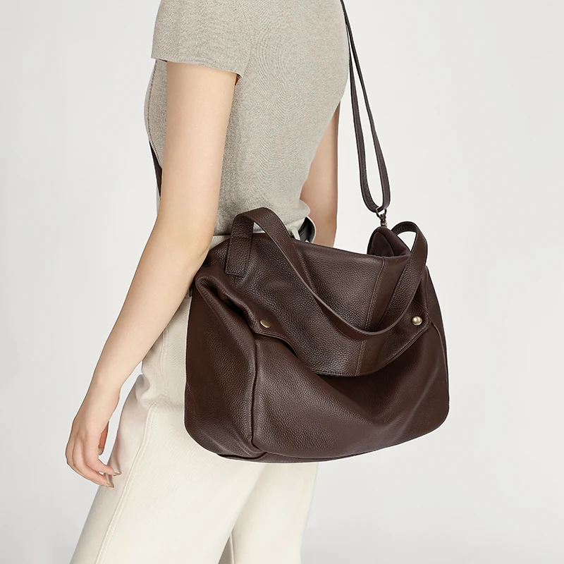 Genuine Cowhide Leather Large Slouchy Tote Bag for Women Pebbled Leather Foldable Shoulder Crossbody Bag Casual Leather Yoga Bag