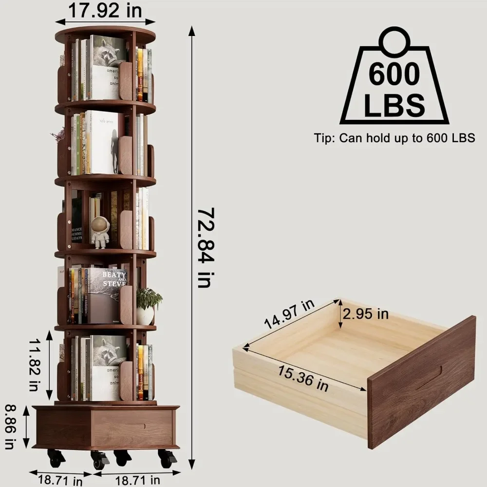 Solid Wood Rotating Bookshelf - 360° Display Bookcase with Drawer & Wheels | 72 Inch Tall Spinning Bookshelf Tower