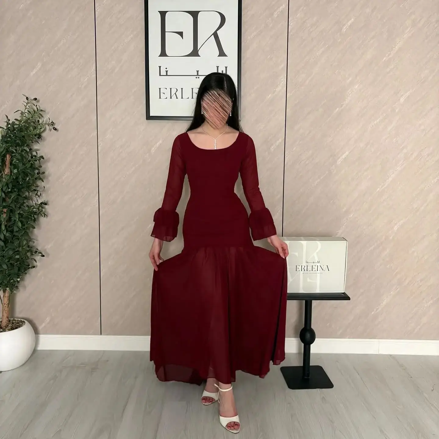 

Simple Burgundy Evening Dresses Long Sleeves Women Prom Gowns Elegant Ankle Length Customized Formal Occasion Dress