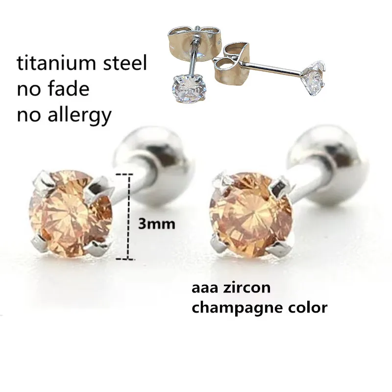 

Titanium Screw Stud Earrings With Mini 3mm Champagne AAA Zircon 316 Stainless Steel No Fade Allergy