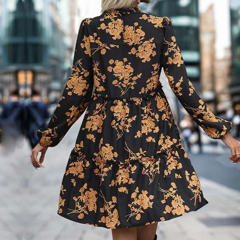 Abito da donna Boho con stampa floreale, girocollo, maniche lunghe, volant a strati, mini abito per la festa quotidiana autunnale casual