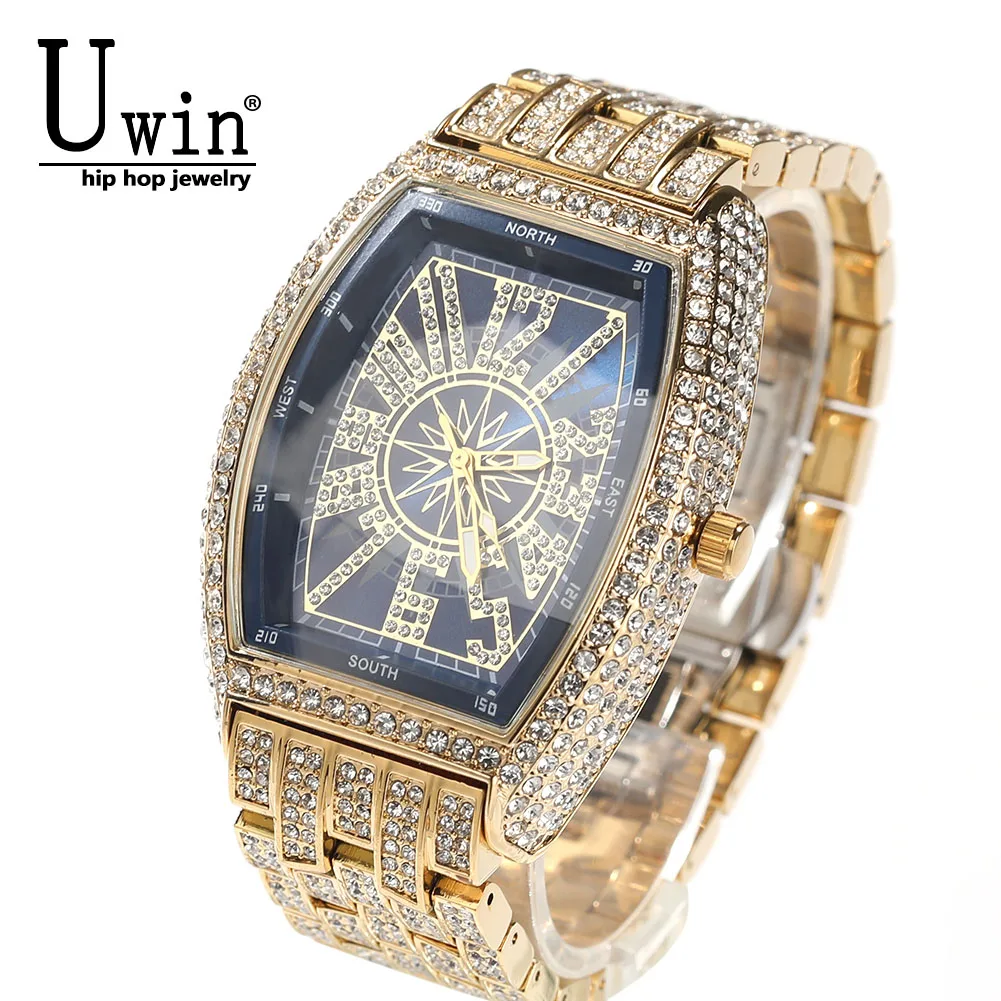 

UWIN Rectangular Dial Watches Full Iced Out Full Drill Men Stainless Steel Hip Hop Luxury Watch Rhinestones Quartz Business