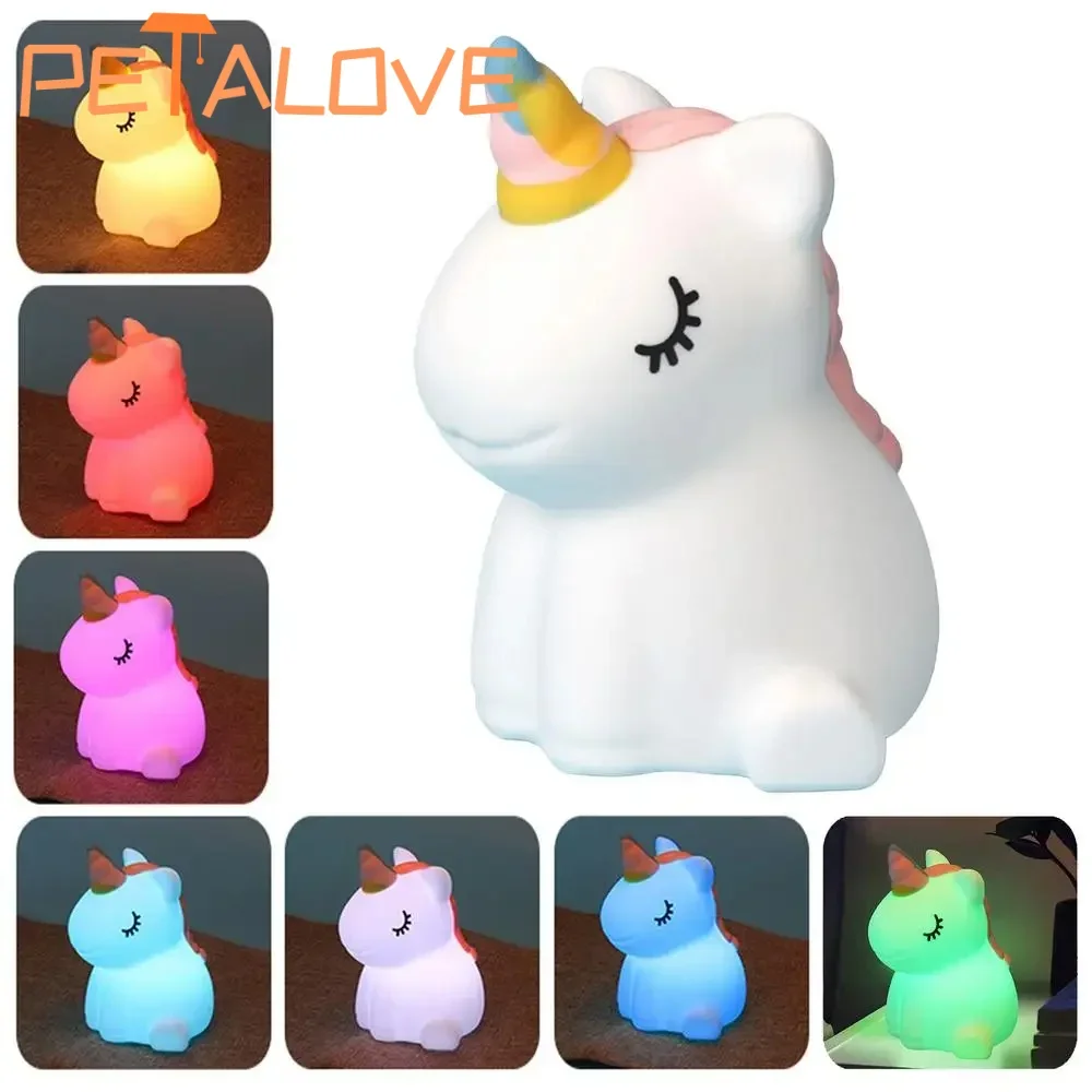 Rechargeable Silicone Patting Lamp Unicorn LED Night Lamp Dimmable Cartoon Animal Bedside Bedroom Mood Light Creative Gift