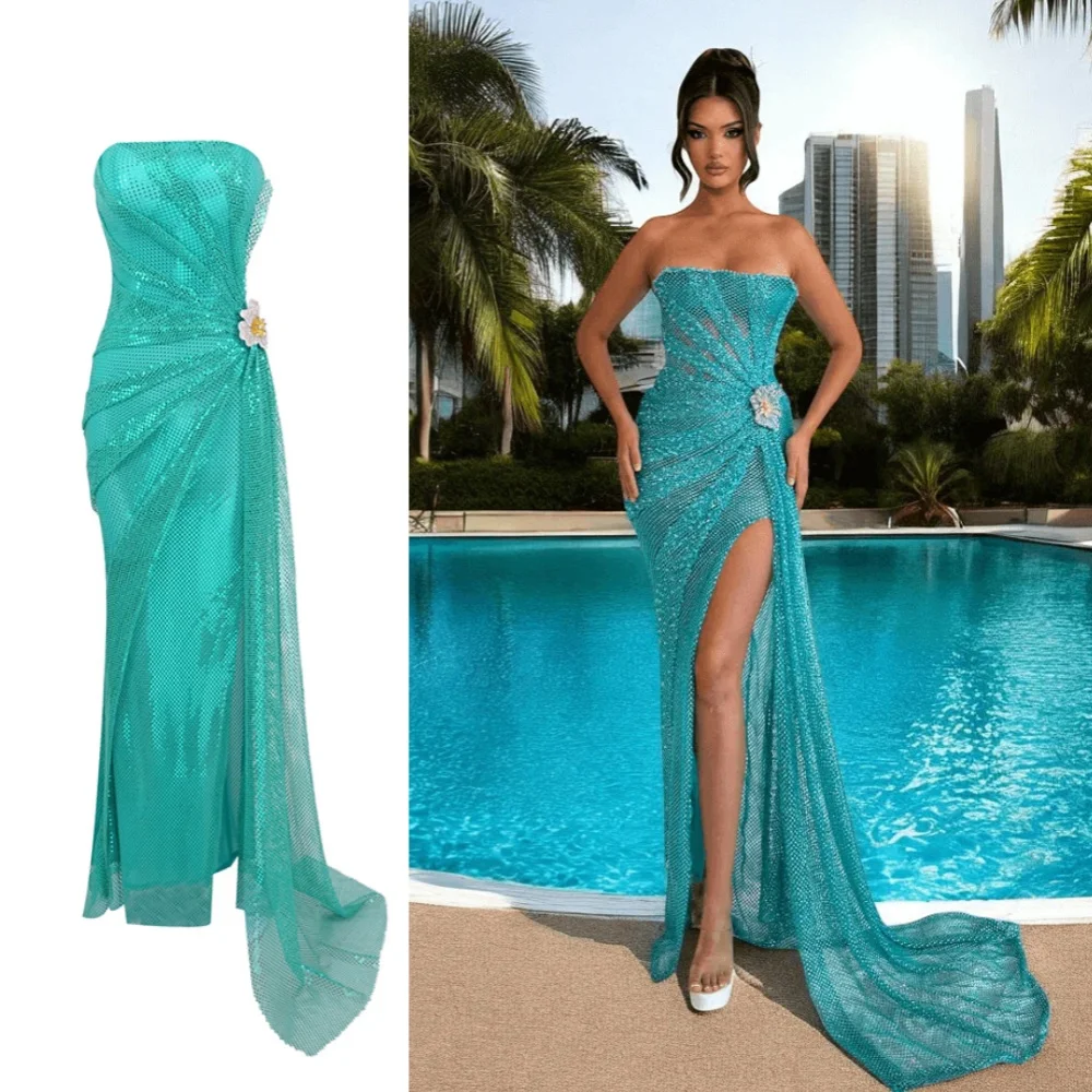 Glamorous Teal Strapless Sequin - zdobiona suknia ślubna z wysokim rozcięciem, damska długa suknia balowa bez rękawów i z odkrytymi plecami