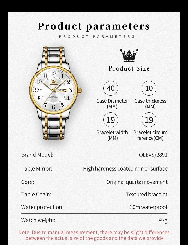 OLEVS 2891 Classic Men\'s Quartz Watch Bussiness Digital Dial Date Week Display Clock Luminous Waterproof Man Gold Wristwatches