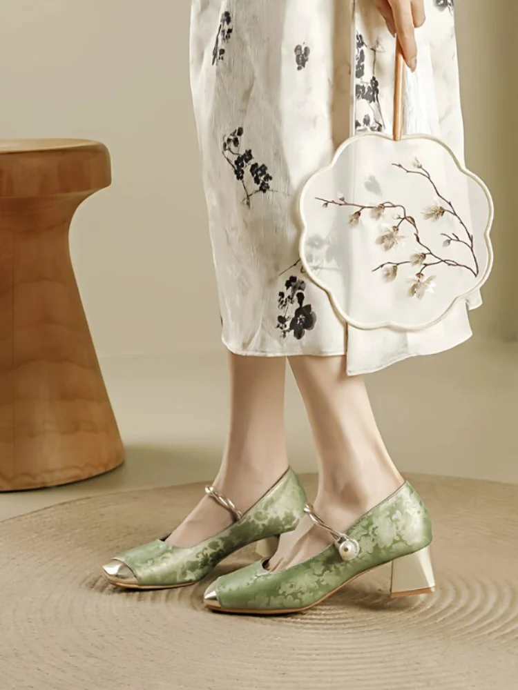 Vintage Jacquard Mary Jane Women's Shoes, Square Toe Block Heel Pumps, Pearl Buckle Colorblock Versatile Low-Cut High Heels