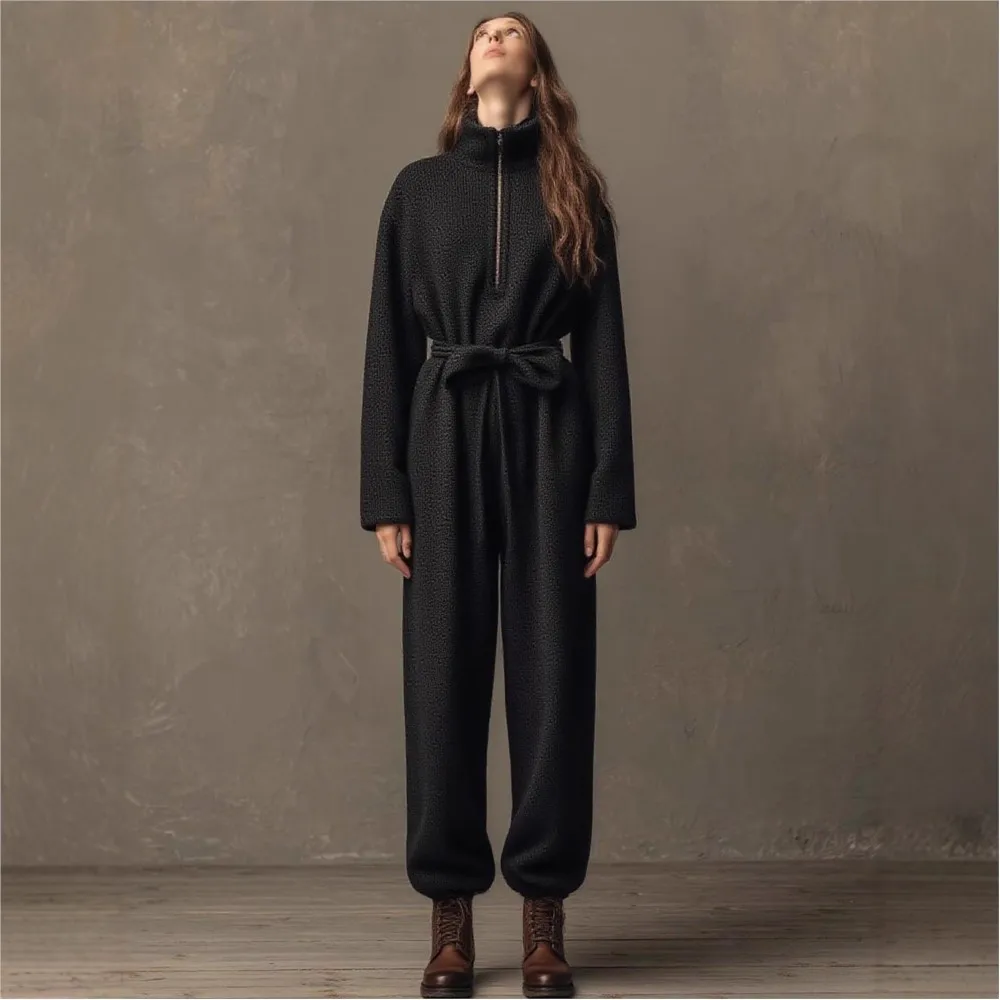 Zipper Stehkragen Kordelzug Spitze-up Taille Abnehmen Sport Overall Herbst Winter Neue Mode Lässig Einfarbig Overall