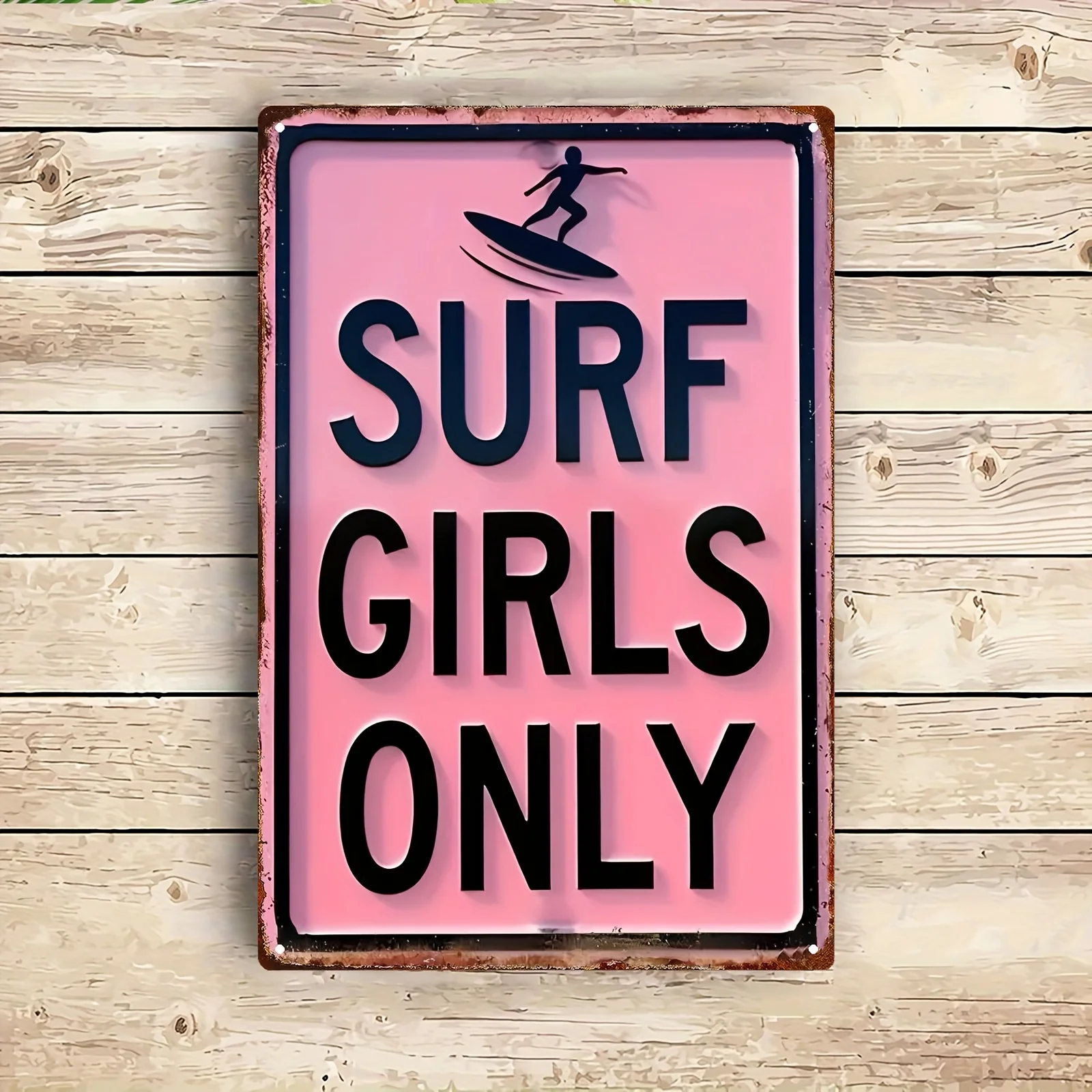 2D Flat, 2D Flat - Single Surfer Lady Vintage Metal Sign - 8.0x12.0 Inch Pink Wrought Iron Wall Art, Featuring a Surfer Portrait