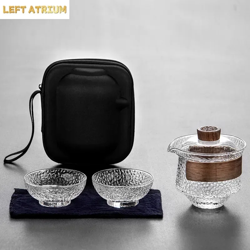3pcs High Boron Silicon Tea Set 2 Cups Gaiwan Frosted Transparent Glass Portable Travel Tureen Teaware Ceremony 200Ml