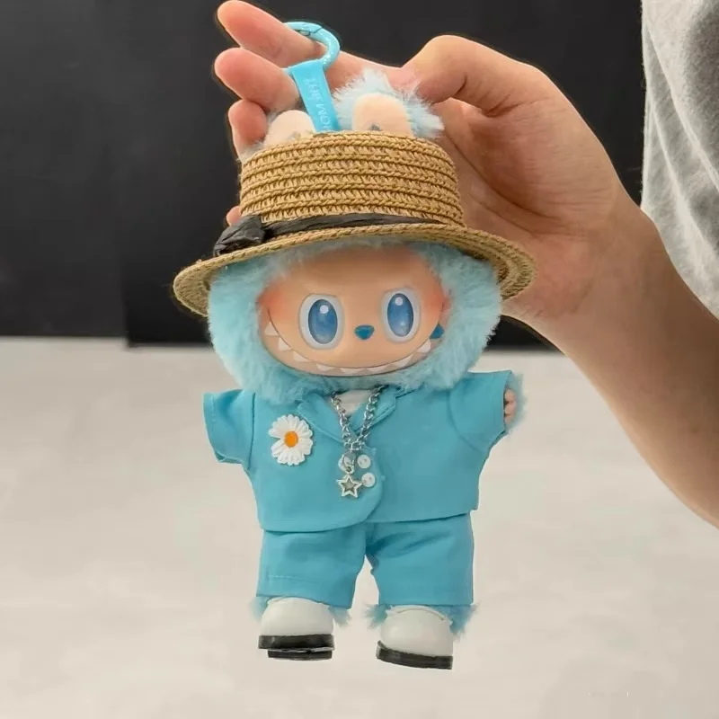 Labubu V1v2v3 muñeca colgante de 17cm estilo estrella traje azul/negro conjunto con sombrero traje de niño de moda DIY accesorios de ropa regalos