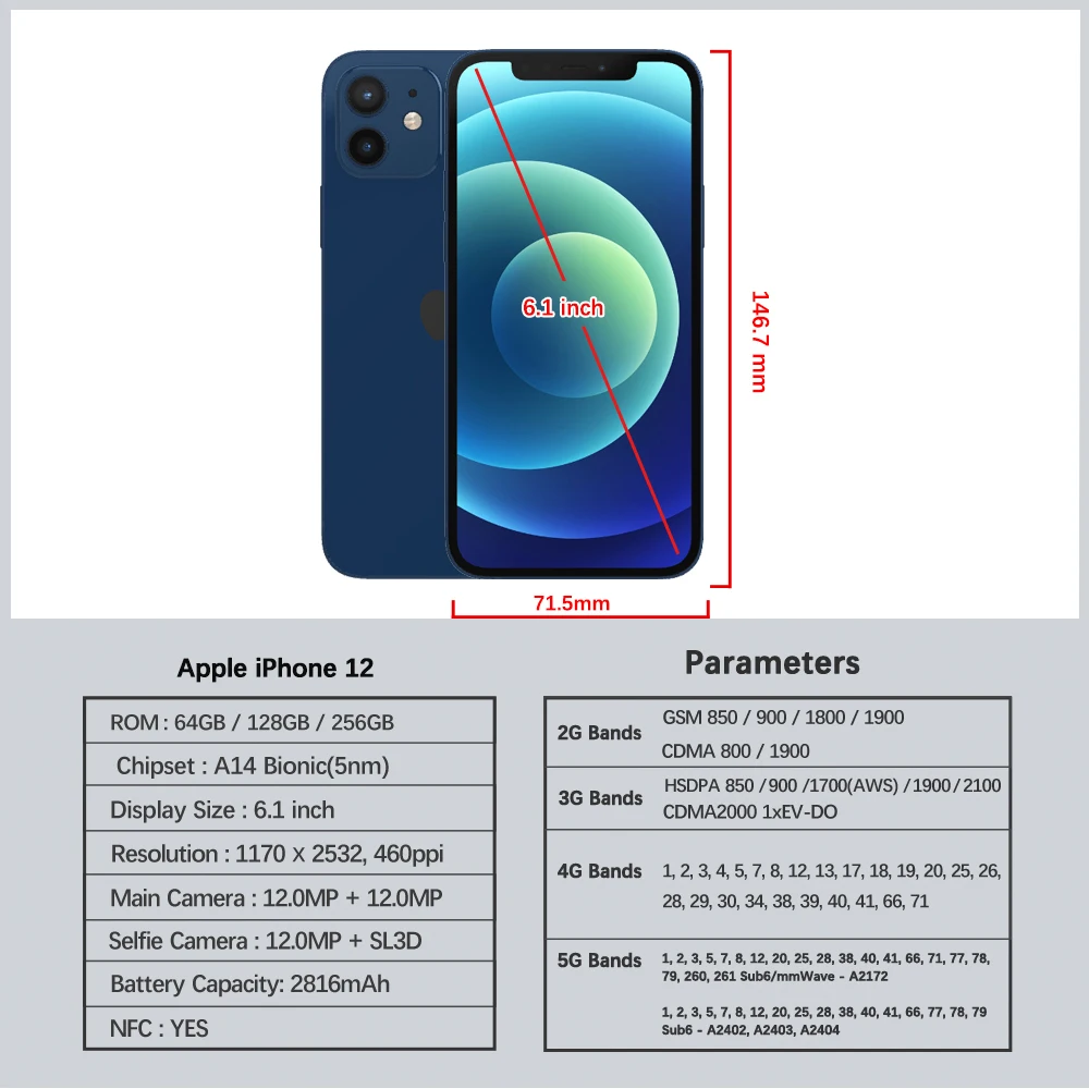 Original Apple iPhone 12 5G Mobile Phone, Hexa Core, Face ID, A14, Dual 12MP, IOS, 6,1 ", 64GB, 128GB, 256GB ROM