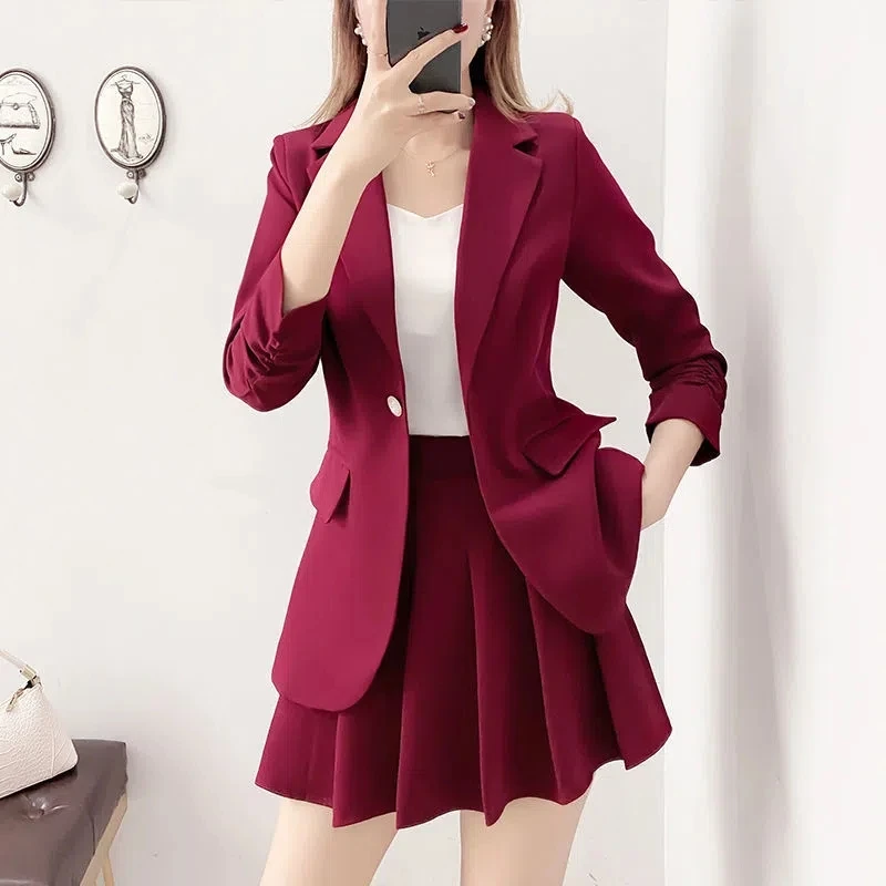 Rok lipit Mini Korea, setelan 2 potong tipis elegan tanpa garis jaket Blazer dan rok A-line setelan wanita musim semi musim gugur