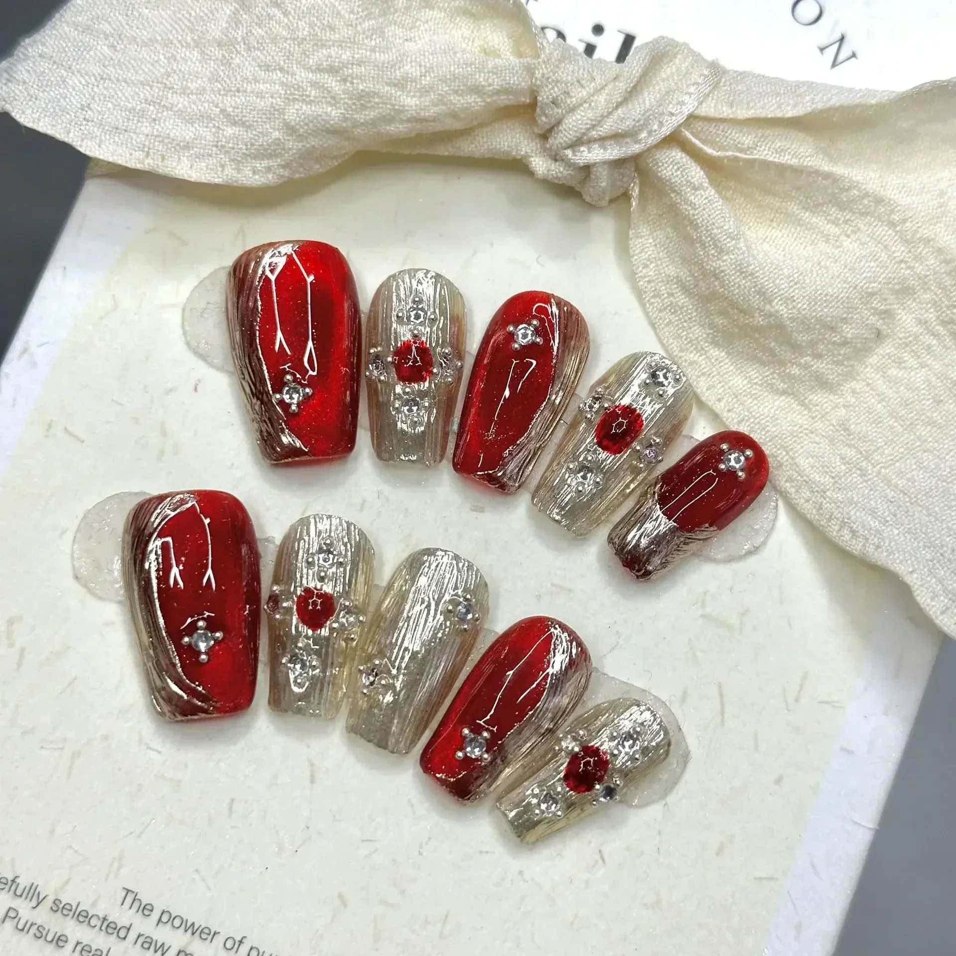 10pc wine red cat eye metal magic mirror designs artificial fake nails press on ballet full cover handmade false nails with glue