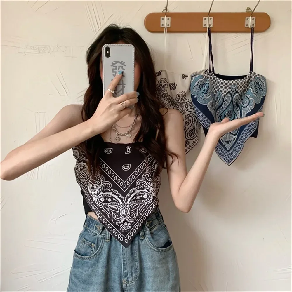 Summer Top Women Satin Tie Back Elastic Vintage Ethnic Printing Spaghetti Straps Camisole Tube Crop Top Sleeveless Tees T Shirt