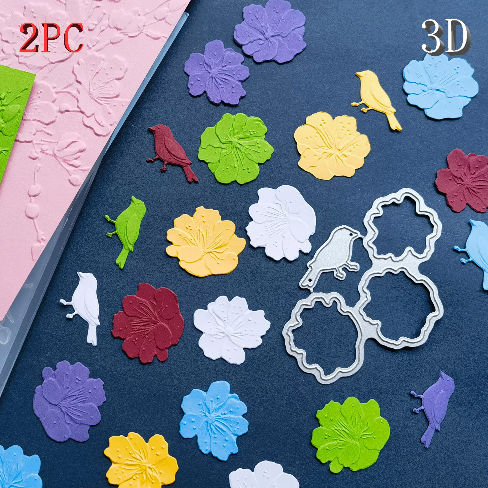 3D-geprägtes Ordner- und Stanz-Matching-Set – „Grüne Zweige und goldene Staubblätter, Vogelsprach- und Blumenduft“ Elemen